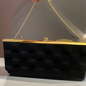 Valerie Stevens Evening Black Quilted Clutch w/ Gold Frame & Chain Strap – NWT